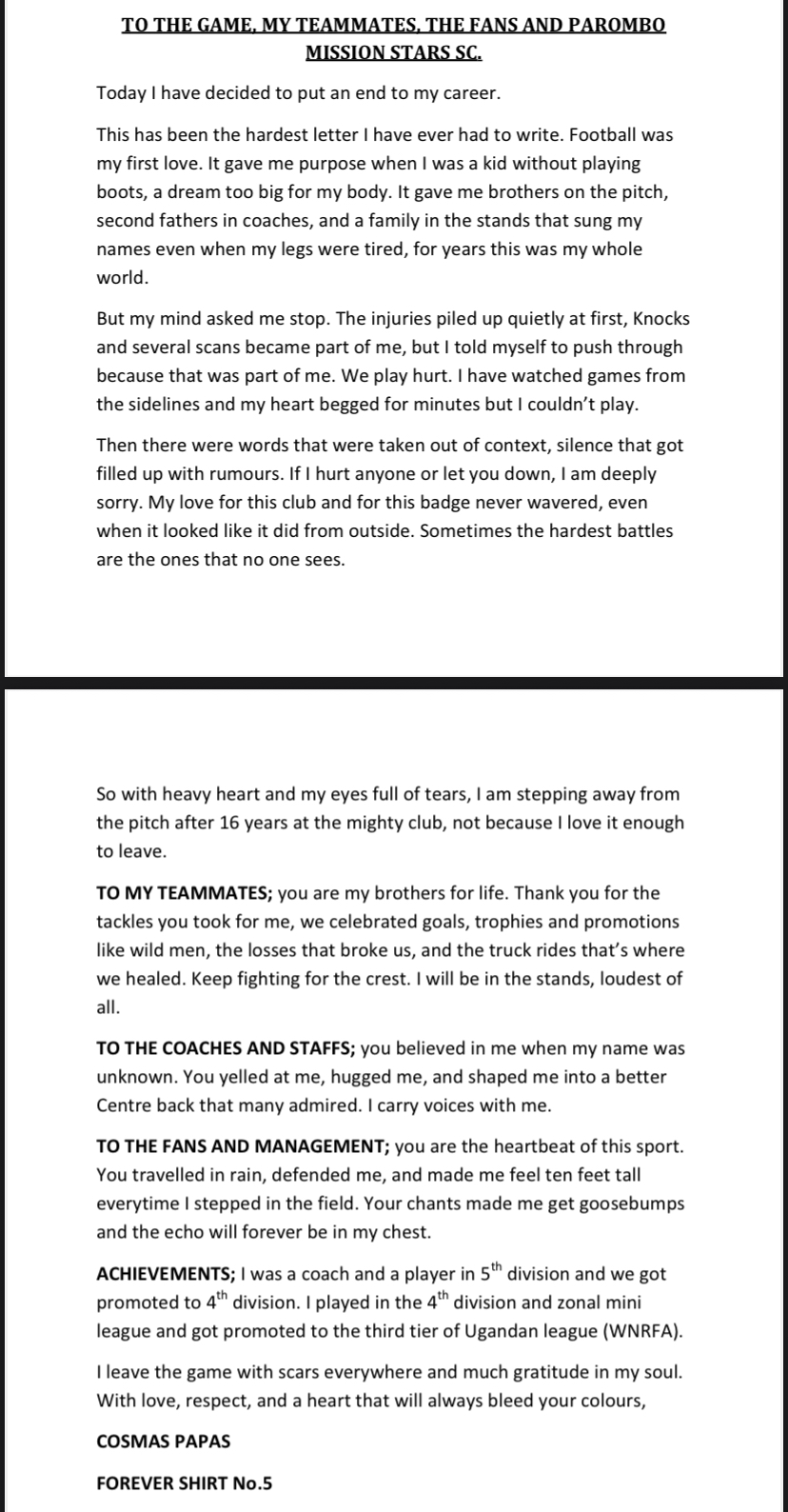 Cosmas’ farewell letter