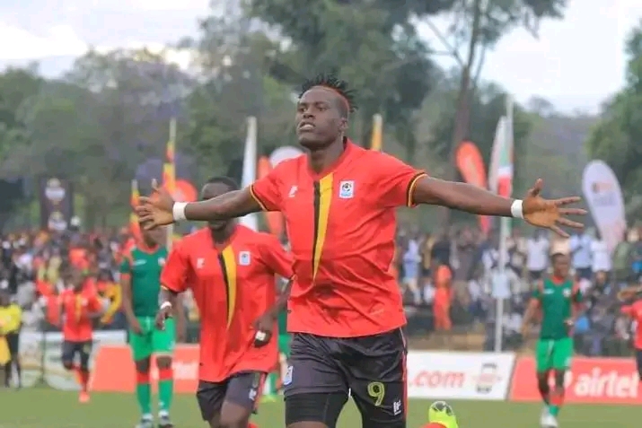 Fahad Bayo celebrating his goal for Uganda cranes
